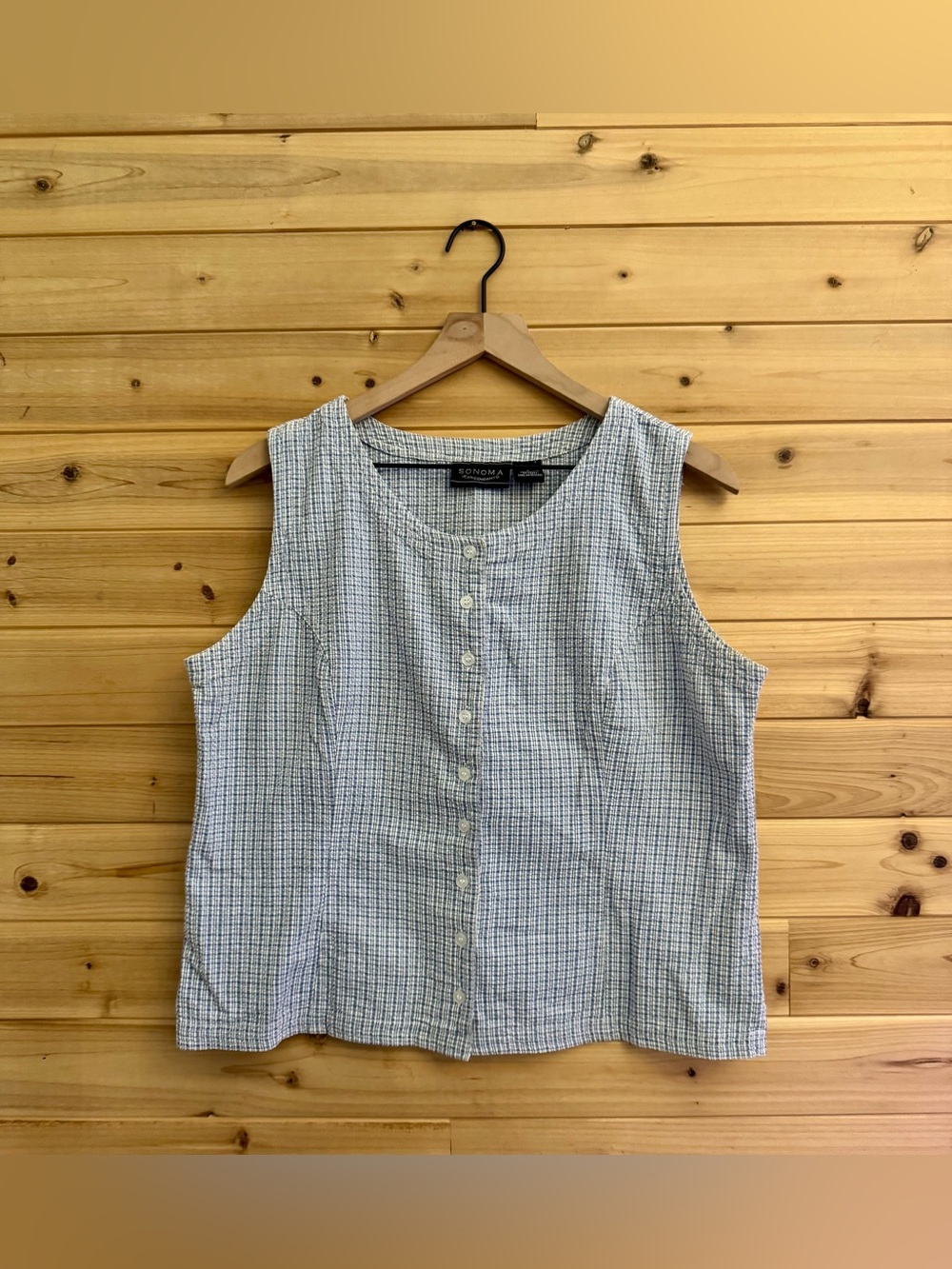 Y2K Sonoma Large Blue Plaid Gingham Vest Sleeveless Blouse Farmhouse Cottage
